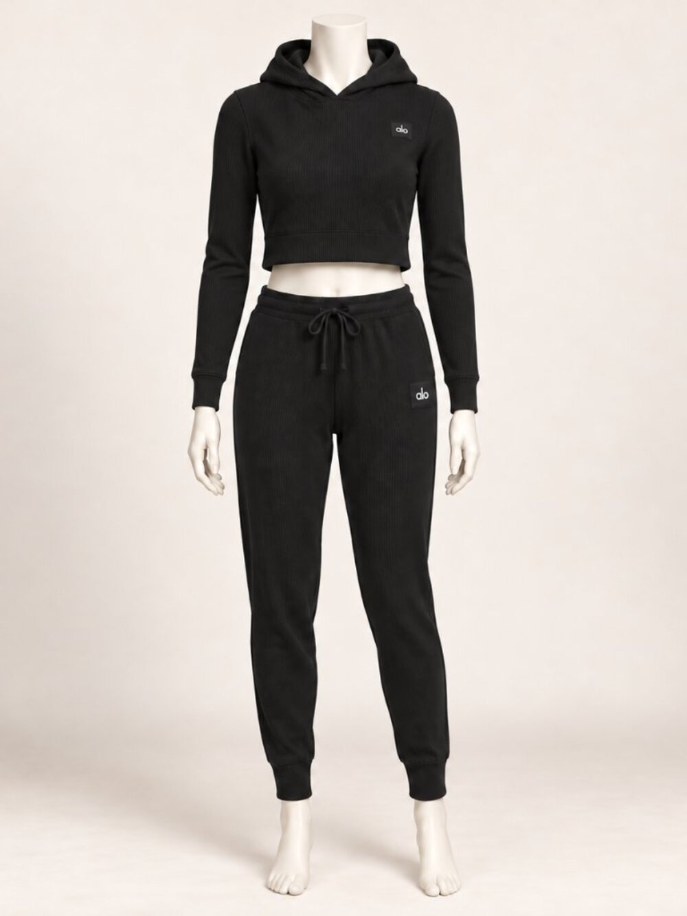 ALO Yoga Black Ribbed Hooded Crop Top Jogger Pants Two Piece Set XXS